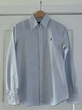 Ralph Lauren Striped Button Down Shirt Blue White 100% Cotton, Size S